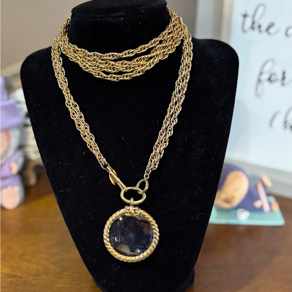 Chanel Magnifying Glass Pendant Necklace with double chain. 24kt gold plated